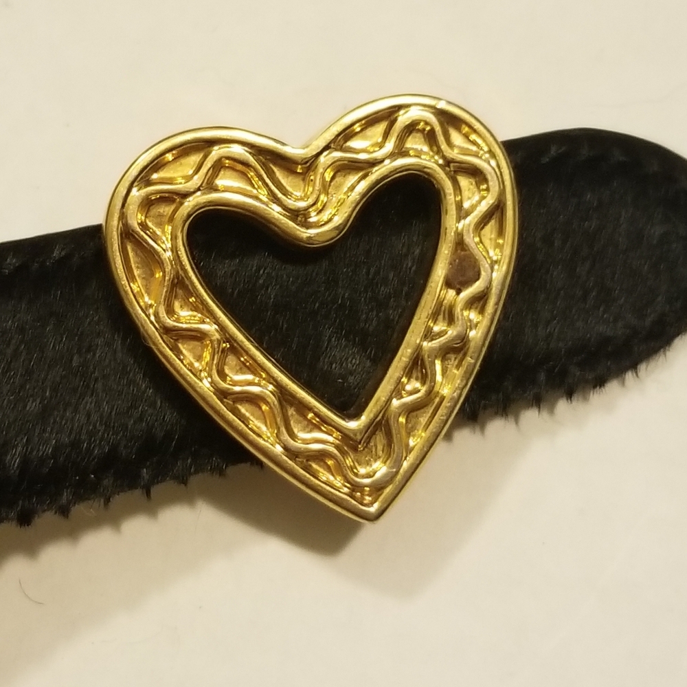 Vintage Moschino Black Calfskin Fur Belt with Textured Gold Heart Buckle 34"